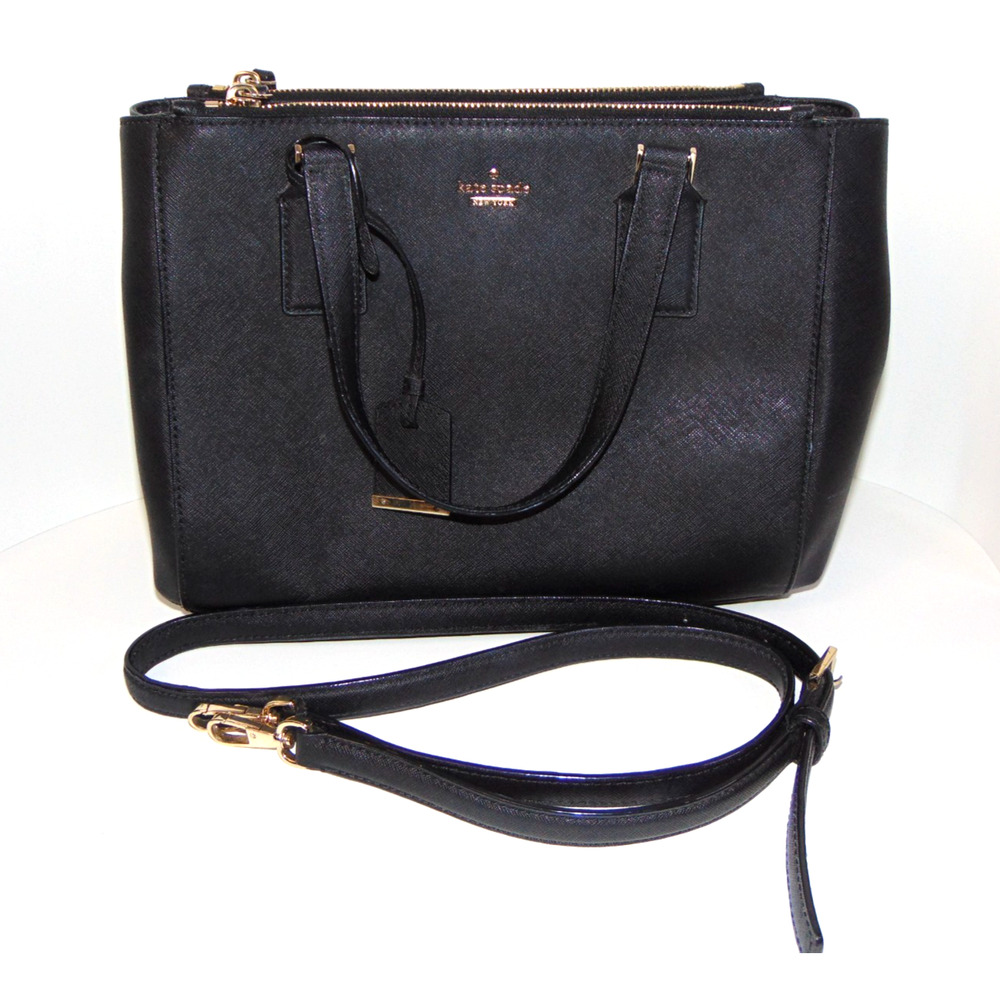 Kate Spade Black Leather Tote Bag Satchel w/ Strap Striped Interior 12x12x5 Gold
